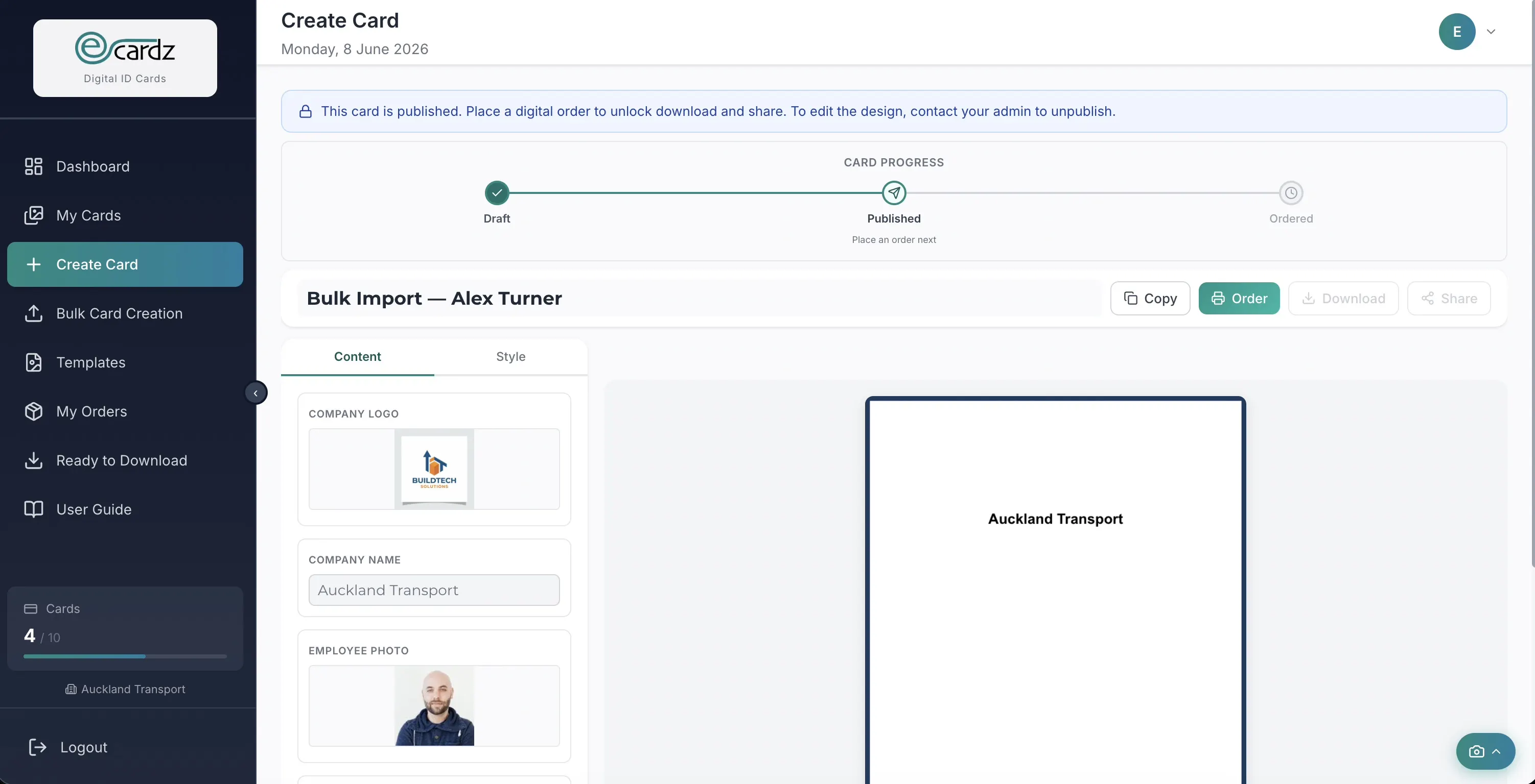 Card designer — template-based editor with live preview